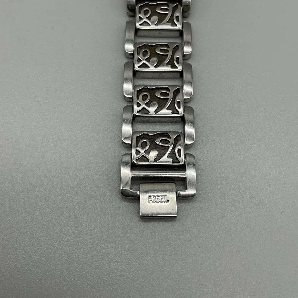 Fossil Womens Watch 21mm Black Dial Stainless Bracelet Wood New Battery 6.25